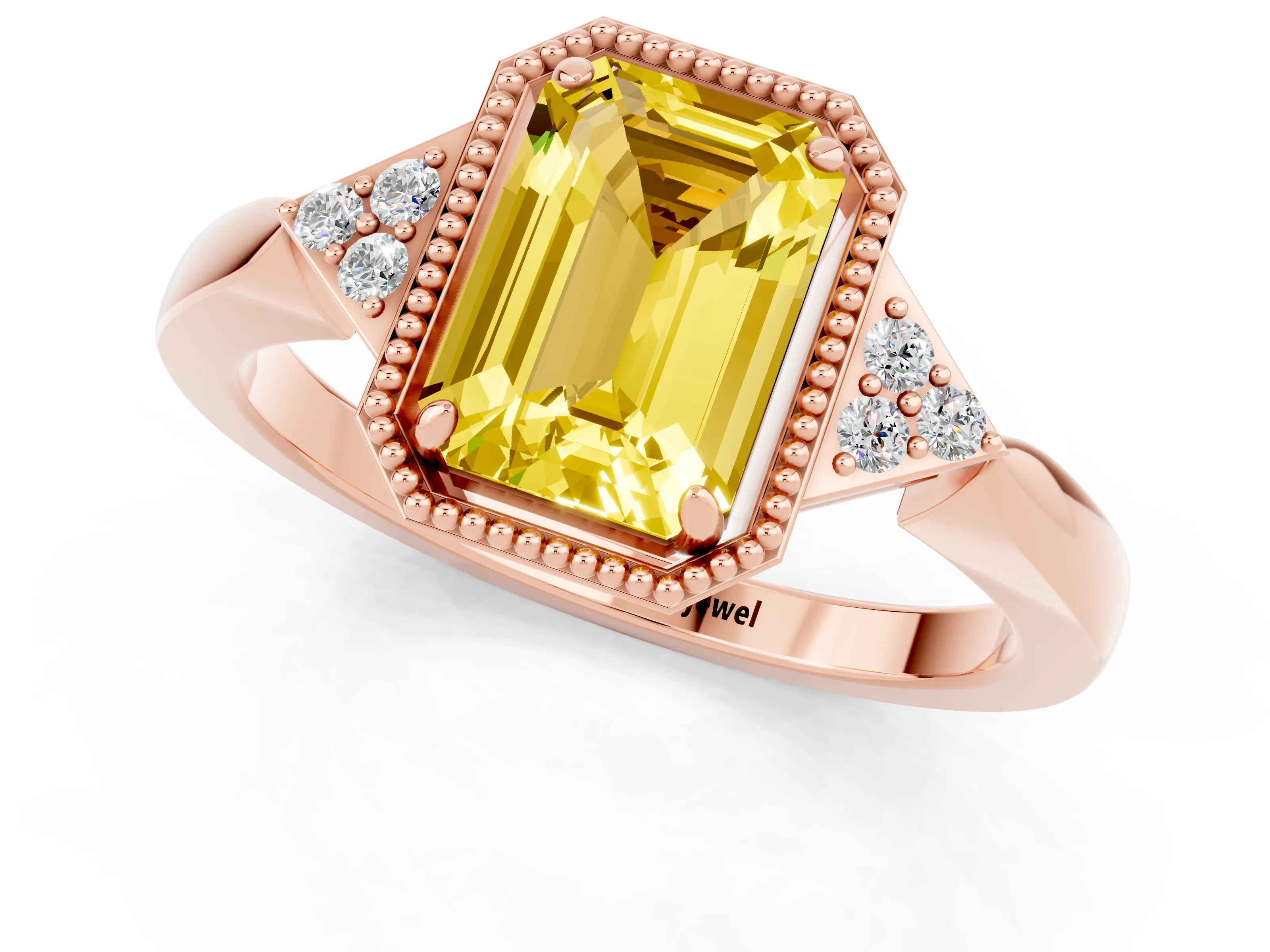 Rose gold Emerald Cut Yellow Sapphire Halo Ring with Tapered Band and Four-Prong Setting_1
