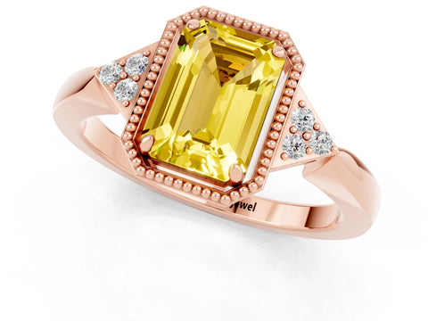 Rose gold Emerald Cut Yellow Sapphire Halo Ring with Tapered Band and Four-Prong Setting_1