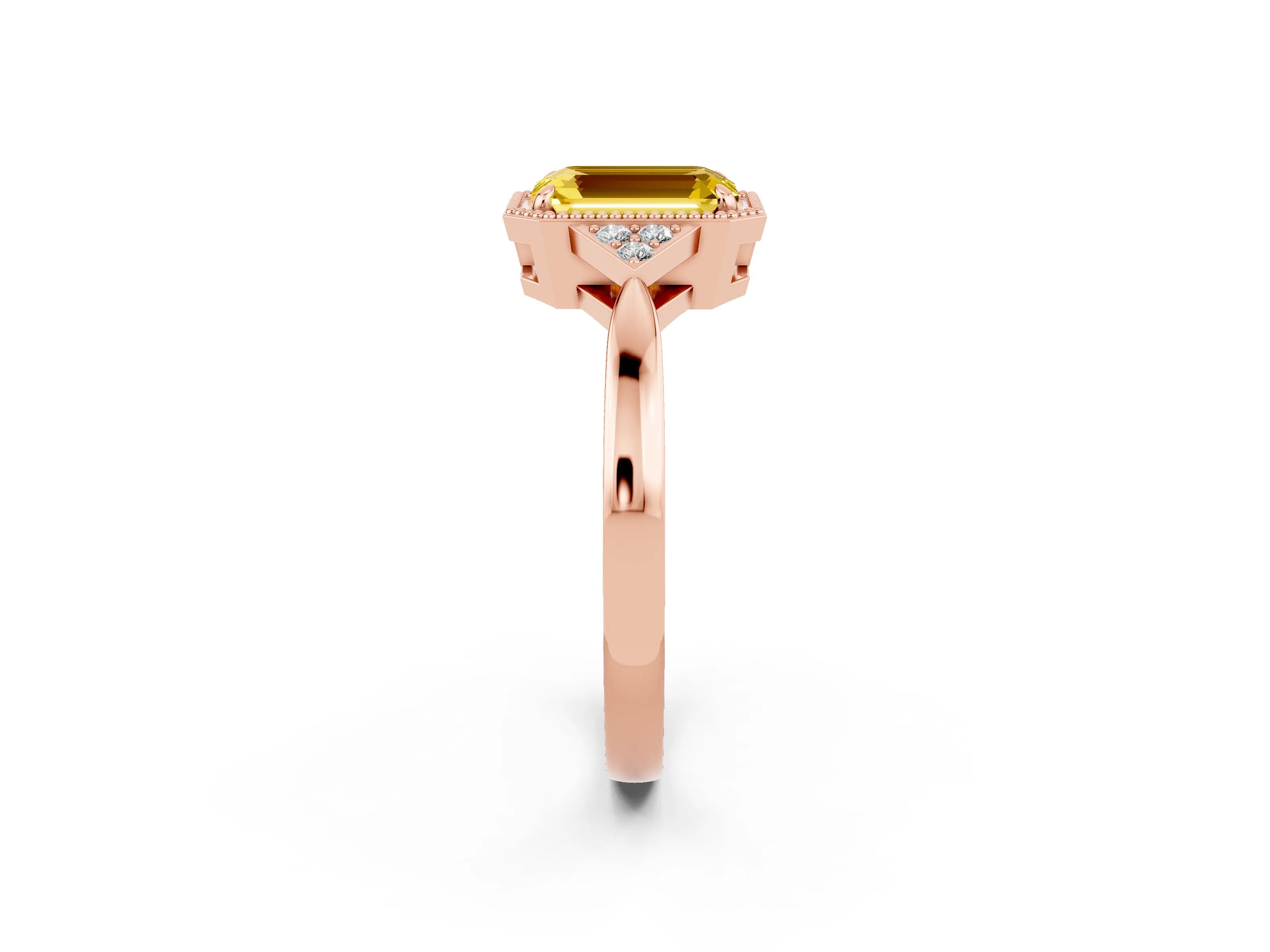 Rose gold Emerald Cut Yellow Sapphire Halo Ring with Tapered Band and Four-Prong Setting_2