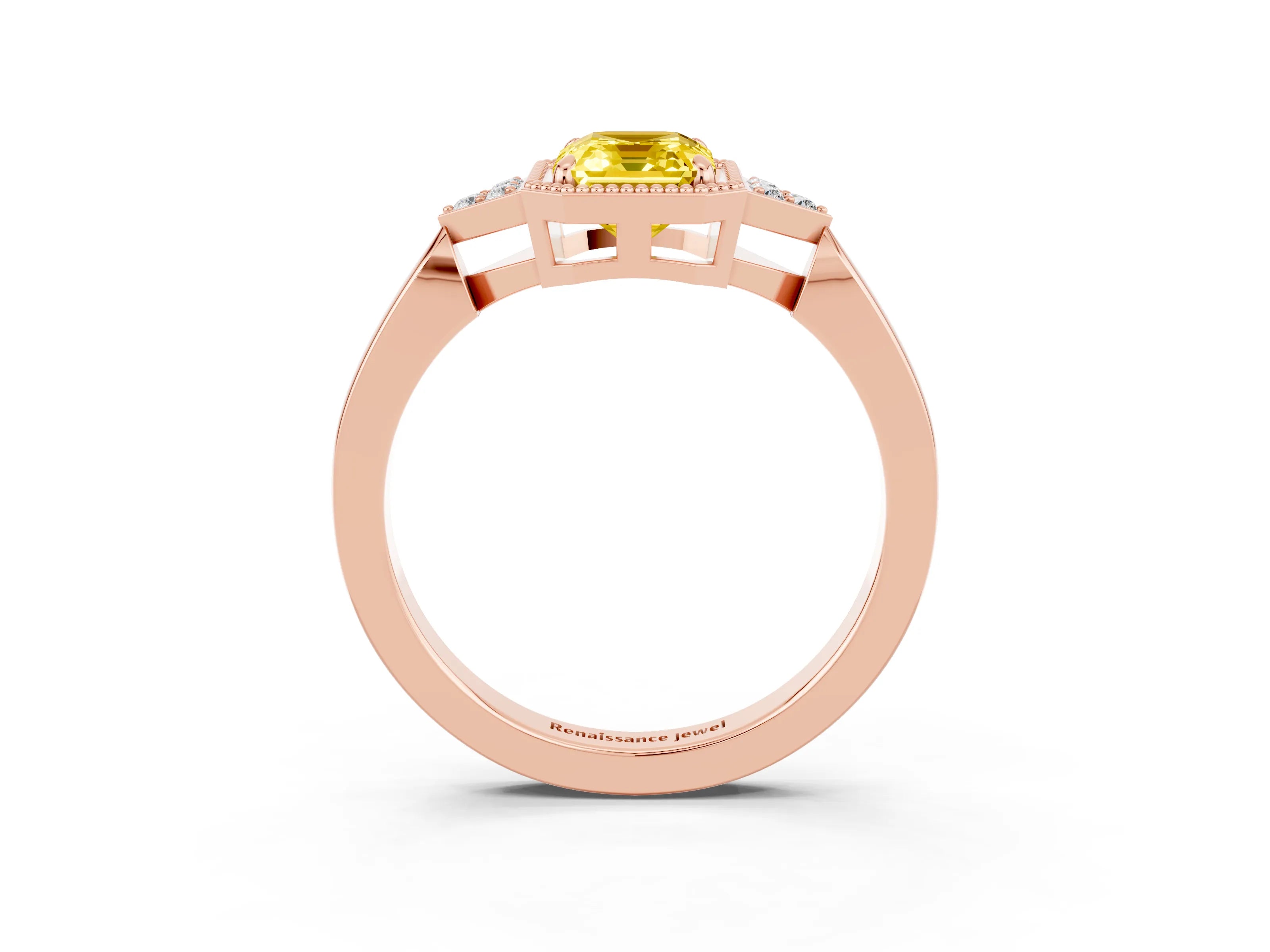 Rose gold Emerald Cut Yellow Sapphire Halo Ring with Tapered Band and Four-Prong Setting_3