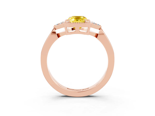 Rose gold Emerald Cut Yellow Sapphire Halo Ring with Tapered Band and Four-Prong Setting