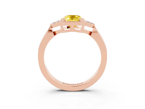 Rose gold Emerald Cut Yellow Sapphire Halo Ring with Tapered Band and Four-Prong Setting_3