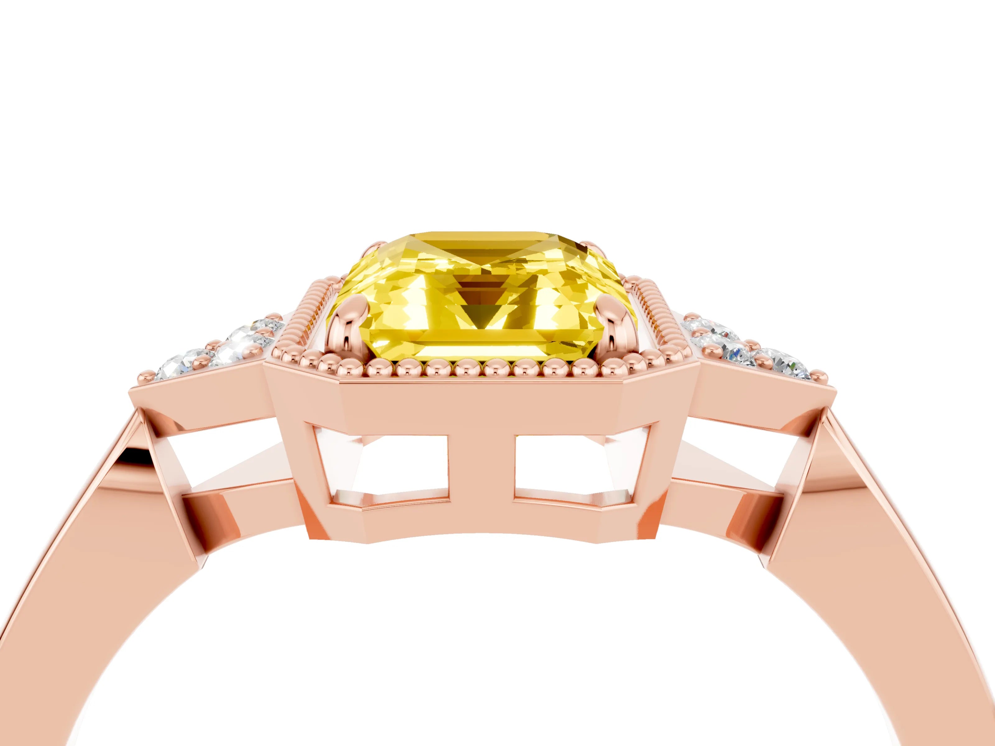Rose gold Emerald Cut Yellow Sapphire Halo Ring with Tapered Band and Four-Prong Setting_4