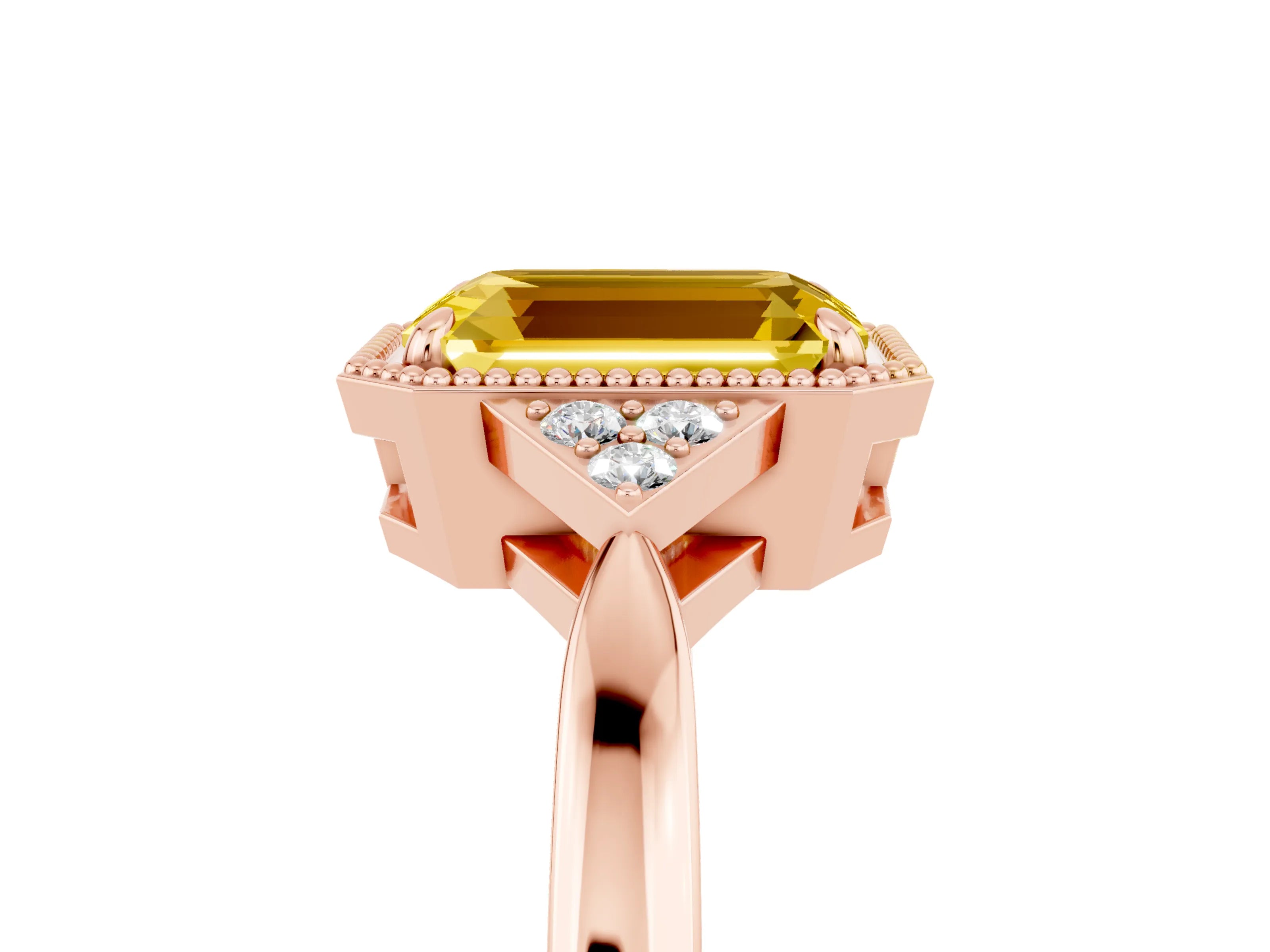 Rose gold Emerald Cut Yellow Sapphire Halo Ring with Tapered Band and Four-Prong Setting_5