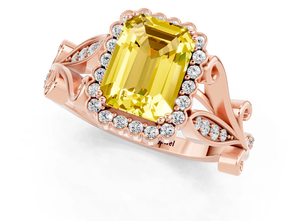 Rose gold Emerald Cut Yellow Sapphire Halo Ring with Vintage Split Shank and Four-Prong Setting