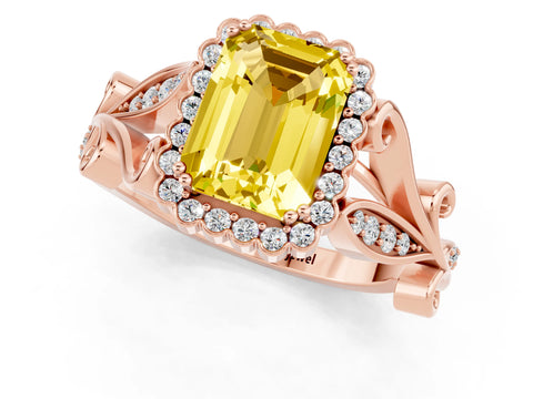 Rose gold Emerald Cut Yellow Sapphire Halo Ring with Vintage Split Shank and Four-Prong Setting_1