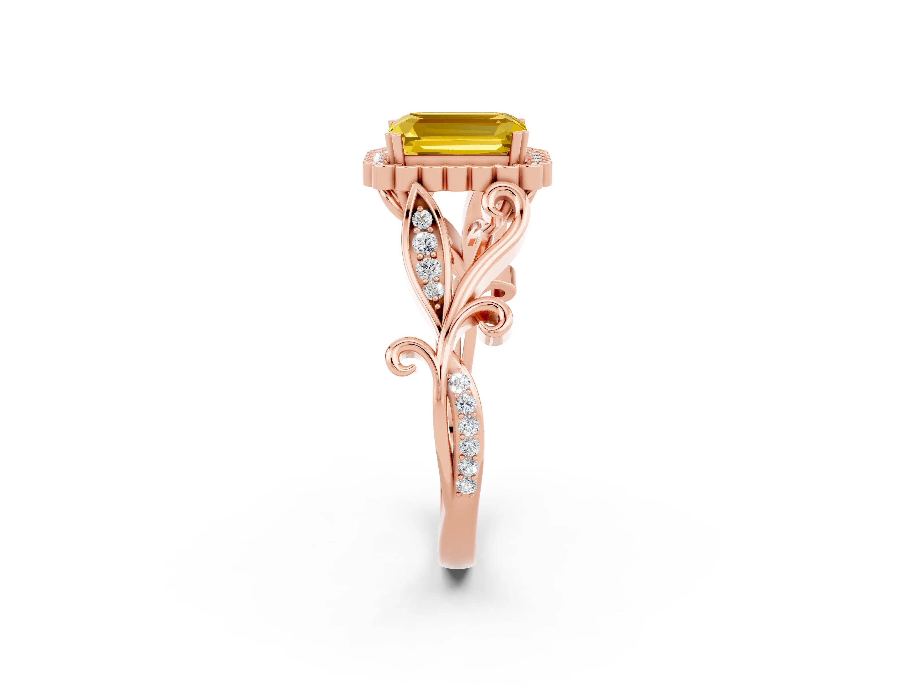 Rose gold Emerald Cut Yellow Sapphire Halo Ring with Vintage Split Shank and Four-Prong Setting_2