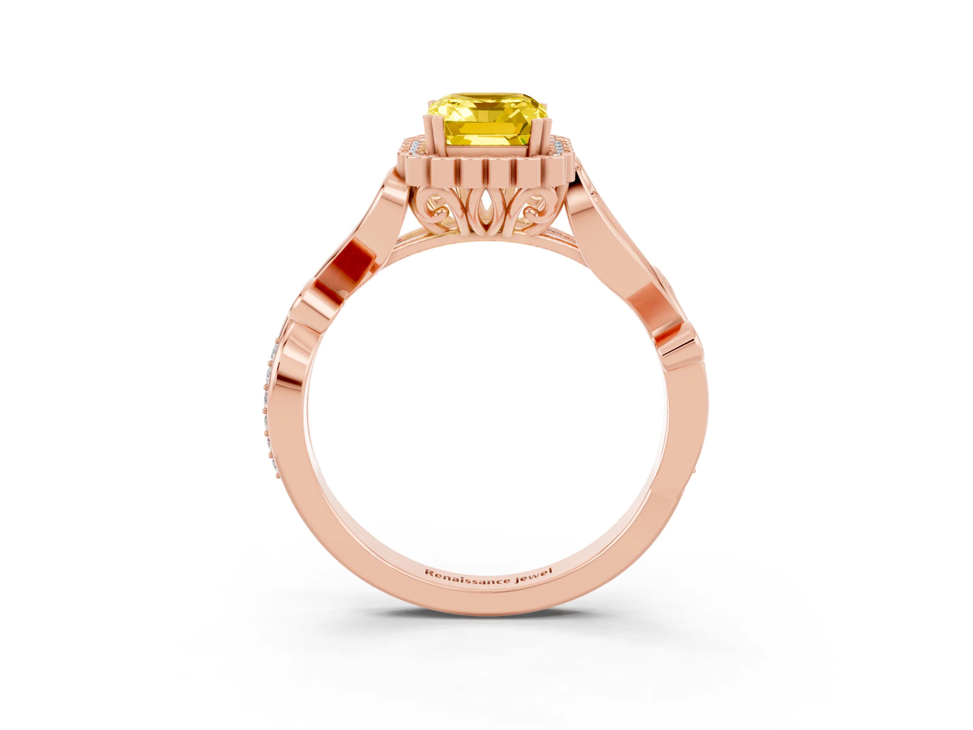 Rose gold Emerald Cut Yellow Sapphire Halo Ring with Vintage Split Shank and Four-Prong Setting_3