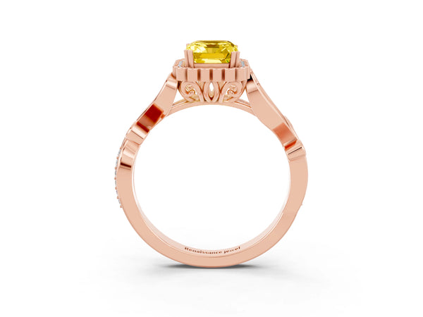Rose gold Emerald Cut Yellow Sapphire Halo Ring with Vintage Split Shank and Four-Prong Setting