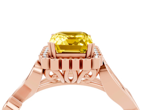 Rose gold Emerald Cut Yellow Sapphire Halo Ring with Vintage Split Shank and Four-Prong Setting_4