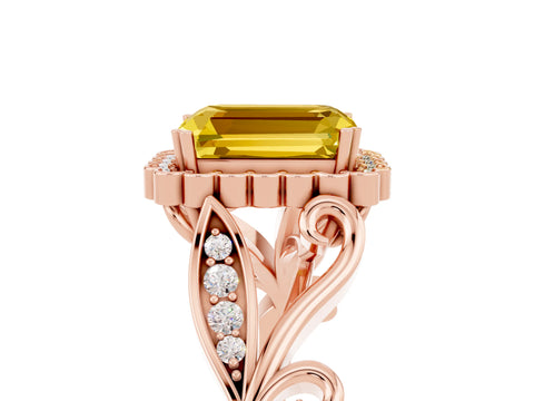 Rose gold Emerald Cut Yellow Sapphire Halo Ring with Vintage Split Shank and Four-Prong Setting_5