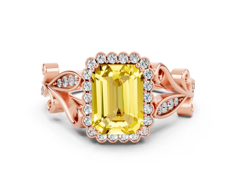 Rose gold Emerald Cut Yellow Sapphire Halo Ring with Vintage Split Shank and Four-Prong Setting