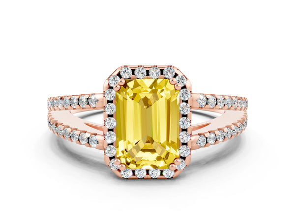 Rose gold Emerald Cut Yellow Sapphire Halo Split Shank Engagement Ring