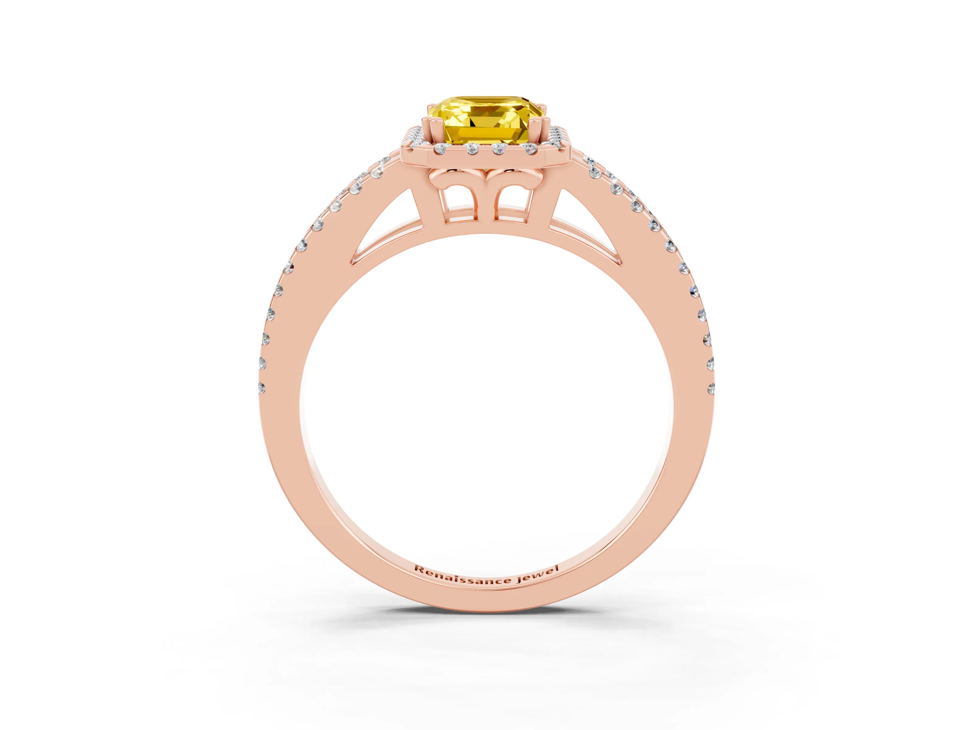 Rose gold Emerald Cut Yellow Sapphire Halo Split Shank Engagement Ring_15