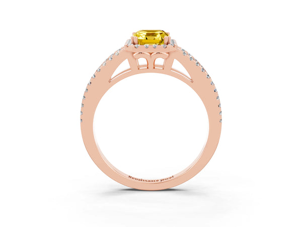 Rose gold Emerald Cut Yellow Sapphire Halo Split Shank Engagement Ring