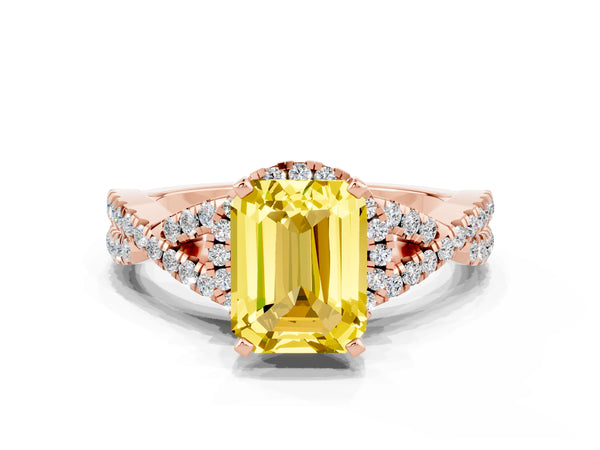 Rose gold Emerald Cut Yellow Sapphire  Halo Twist Band Solitaire Prong Setting Ring