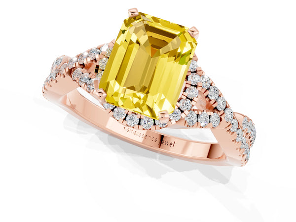 Rose gold Emerald Cut Yellow Sapphire  Halo Twist Band Solitaire Prong Setting Ring