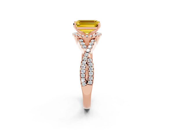 Rose gold Emerald Cut Yellow Sapphire  Halo Twist Band Solitaire Prong Setting Ring
