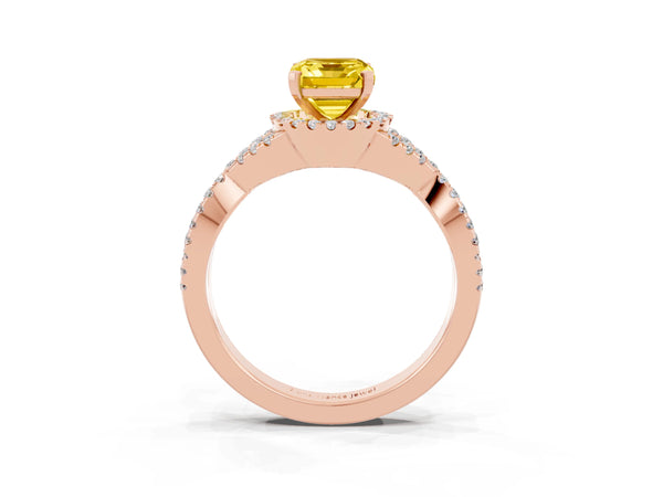 Rose gold Emerald Cut Yellow Sapphire  Halo Twist Band Solitaire Prong Setting Ring