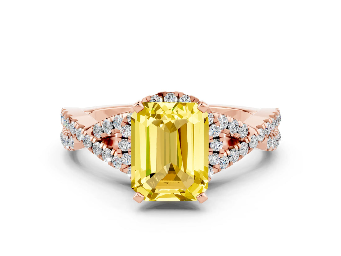 Rose gold Emerald Cut Yellow Sapphire Halo Twist Band Solitaire Prong Setting Ring_36