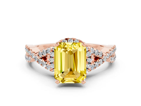 Rose gold Emerald Cut Yellow Sapphire Halo Twist Band Solitaire Prong Setting Ring_36