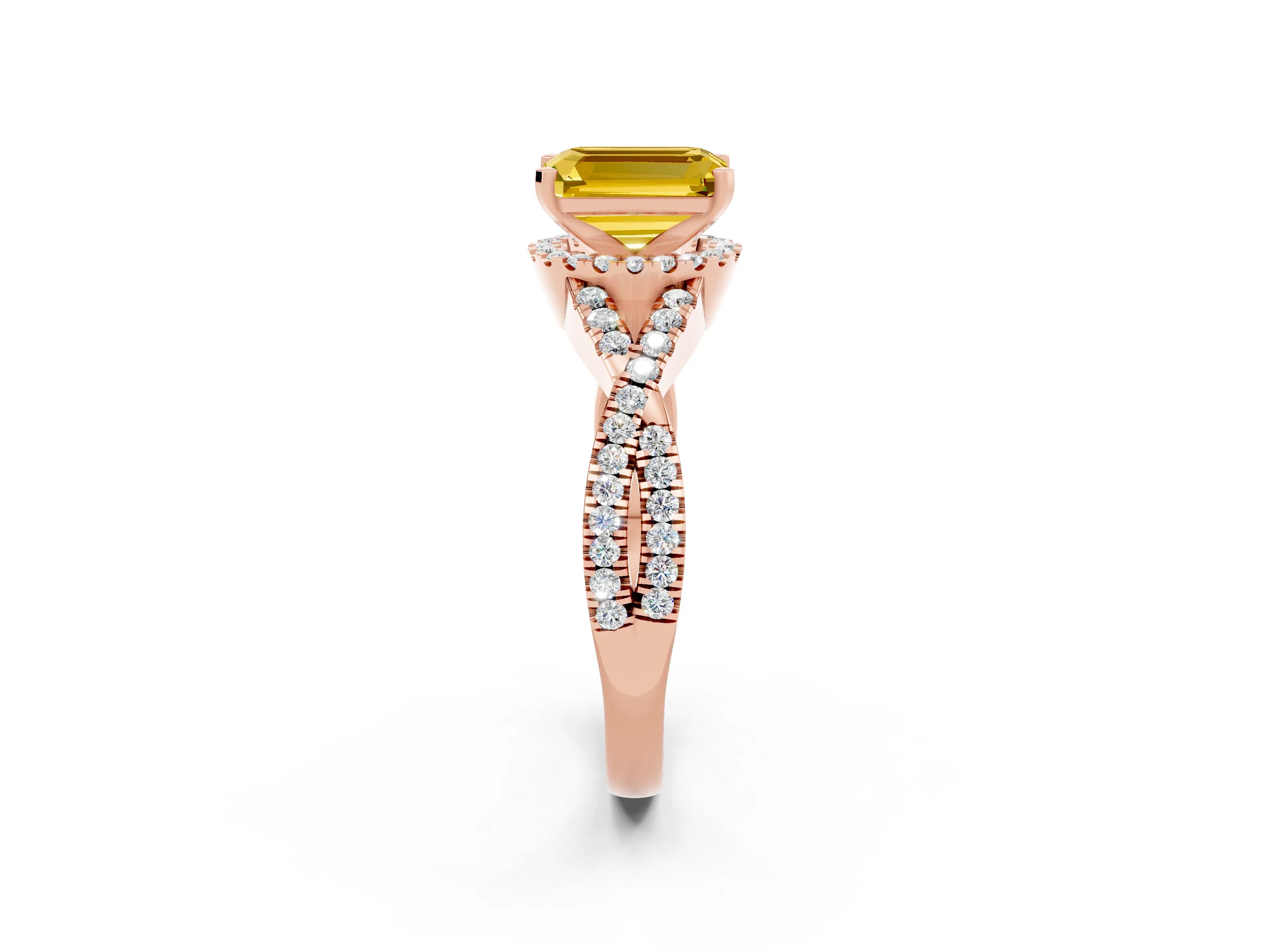 Rose gold Emerald Cut Yellow Sapphire Halo Twist Band Solitaire Prong Setting Ring_38