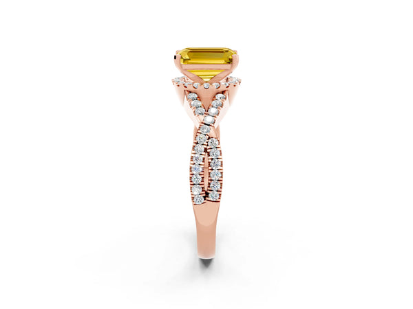 Rose gold Emerald Cut Yellow Sapphire  Halo Twist Band Solitaire Prong Setting Ring