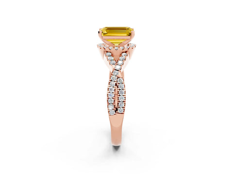 Rose gold Emerald Cut Yellow Sapphire Halo Twist Band Solitaire Prong Setting Ring_38