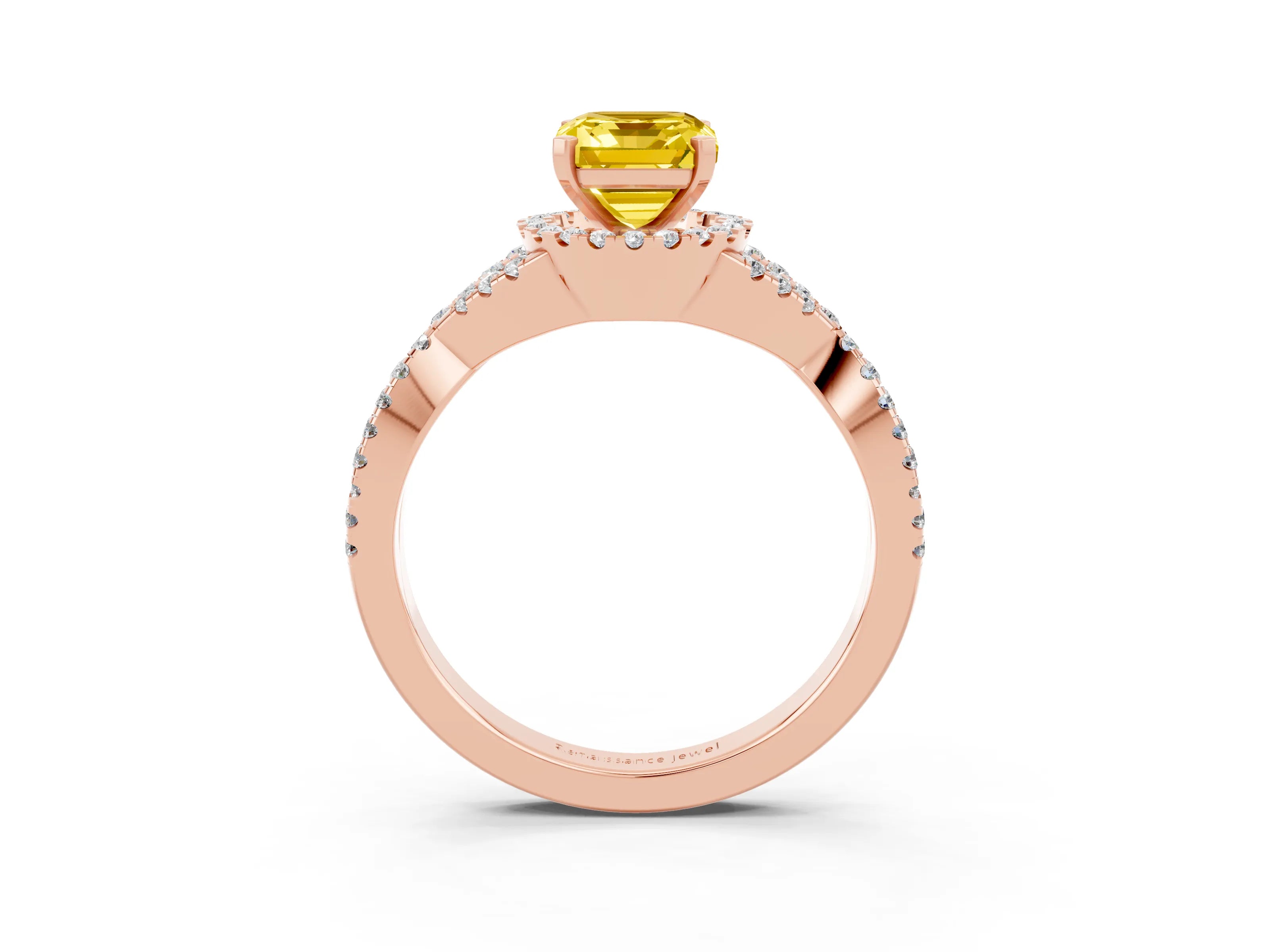 Rose gold Emerald Cut Yellow Sapphire Halo Twist Band Solitaire Prong Setting Ring_39