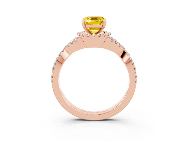 Rose gold Emerald Cut Yellow Sapphire  Halo Twist Band Solitaire Prong Setting Ring