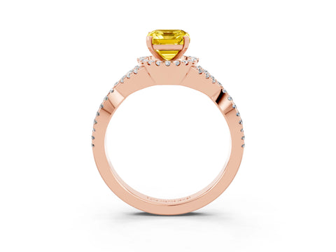 Rose gold Emerald Cut Yellow Sapphire Halo Twist Band Solitaire Prong Setting Ring_39