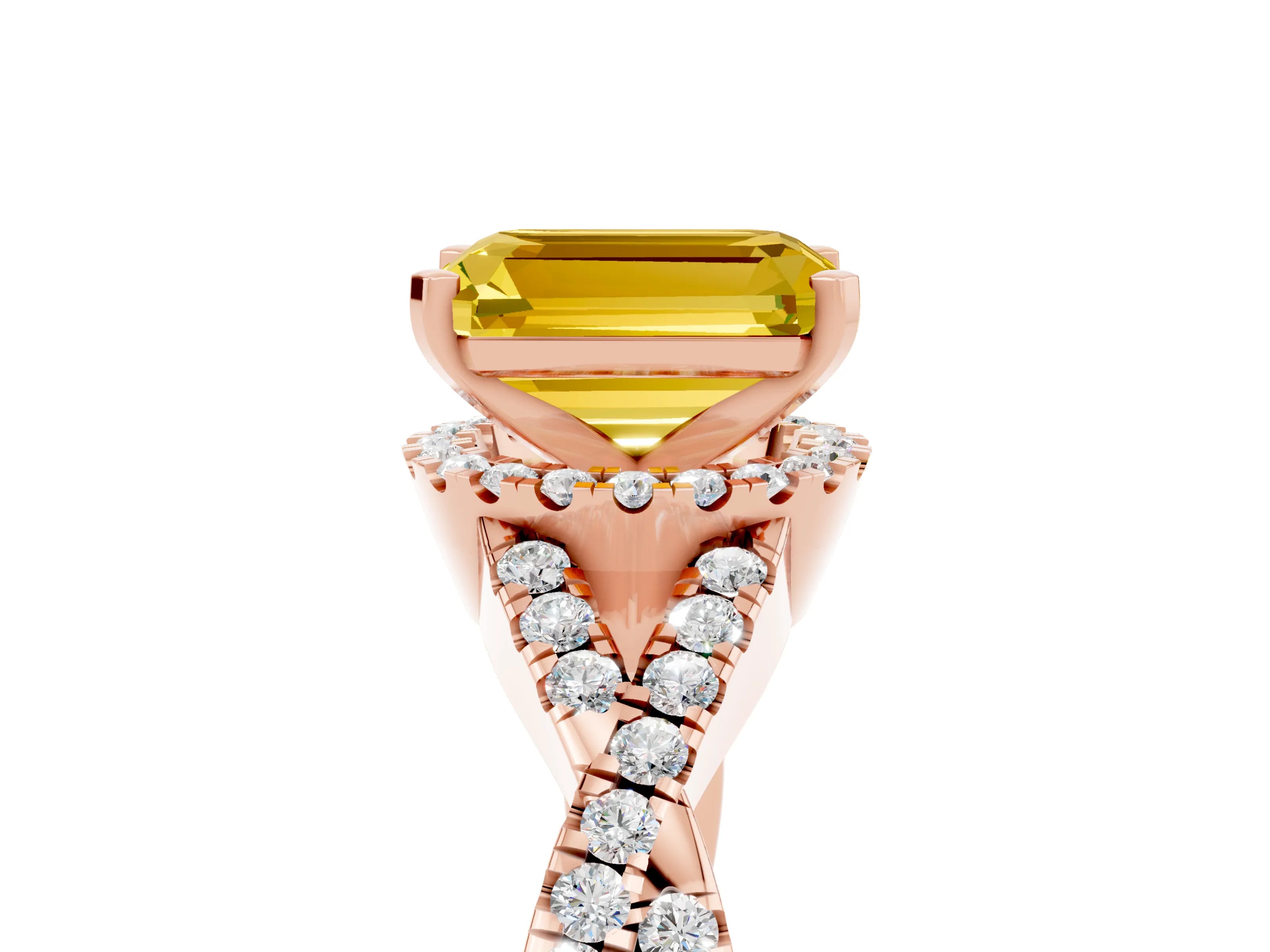 Rose gold Emerald Cut Yellow Sapphire Halo Twist Band Solitaire Prong Setting Ring_41