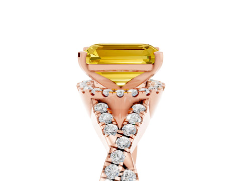 Rose gold Emerald Cut Yellow Sapphire Halo Twist Band Solitaire Prong Setting Ring_41