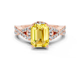 Rose gold Emerald Cut Yellow Sapphire  Halo Twist Band Solitaire Prong Setting Ring_42