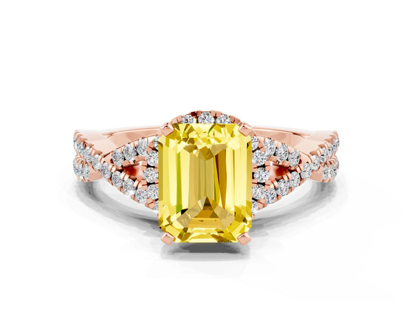 Rose gold Emerald Cut Yellow Sapphire  Halo Twist Band Solitaire Prong Setting Ring