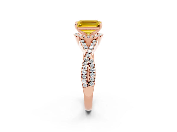 Rose gold Emerald Cut Yellow Sapphire  Halo Twist Band Solitaire Prong Setting Ring