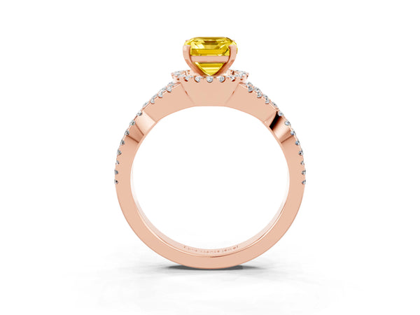 Rose gold Emerald Cut Yellow Sapphire  Halo Twist Band Solitaire Prong Setting Ring