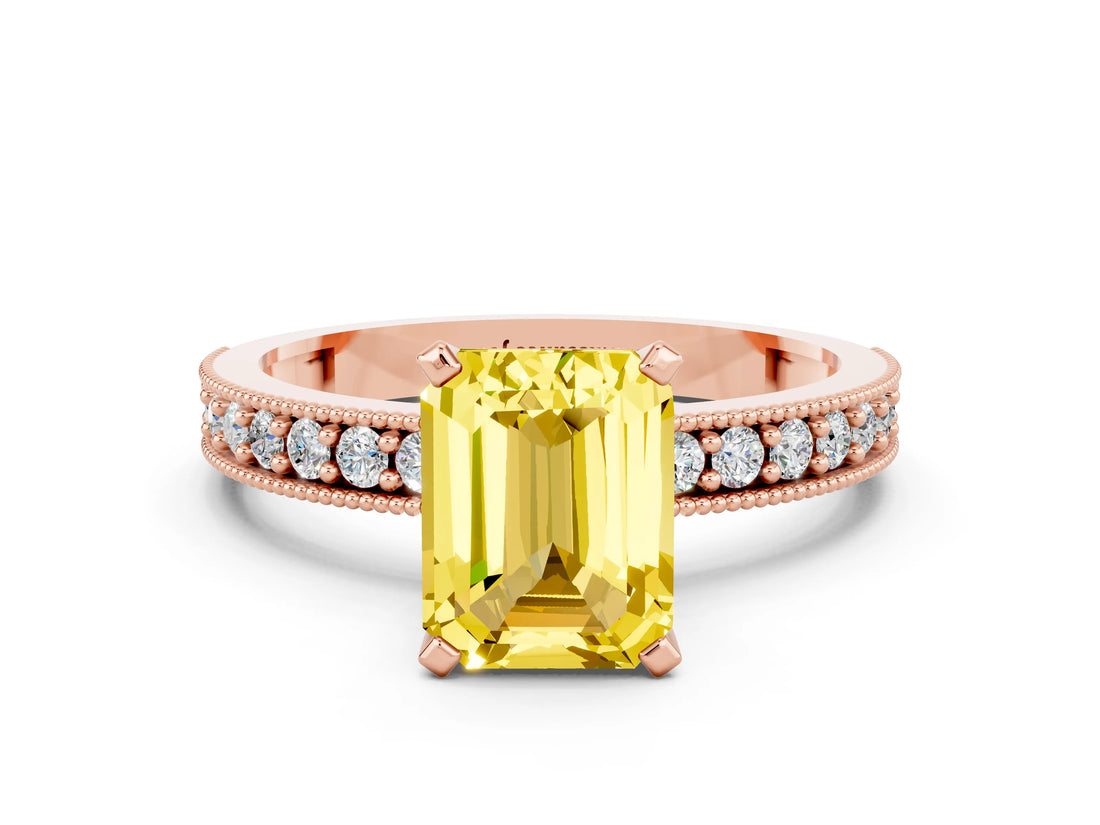 Rose gold Emerald Cut Yellow Sapphire Milgrain Pavé Engagement Ring with Four-Prong Setting_36