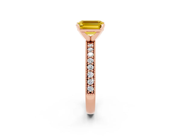 Rose gold Emerald Cut Yellow Sapphire Milgrain Pavé Engagement Ring with Four-Prong Setting
