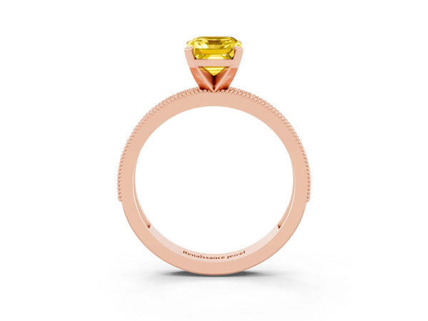 Rose gold Emerald Cut Yellow Sapphire Milgrain Pavé Engagement Ring with Four-Prong Setting