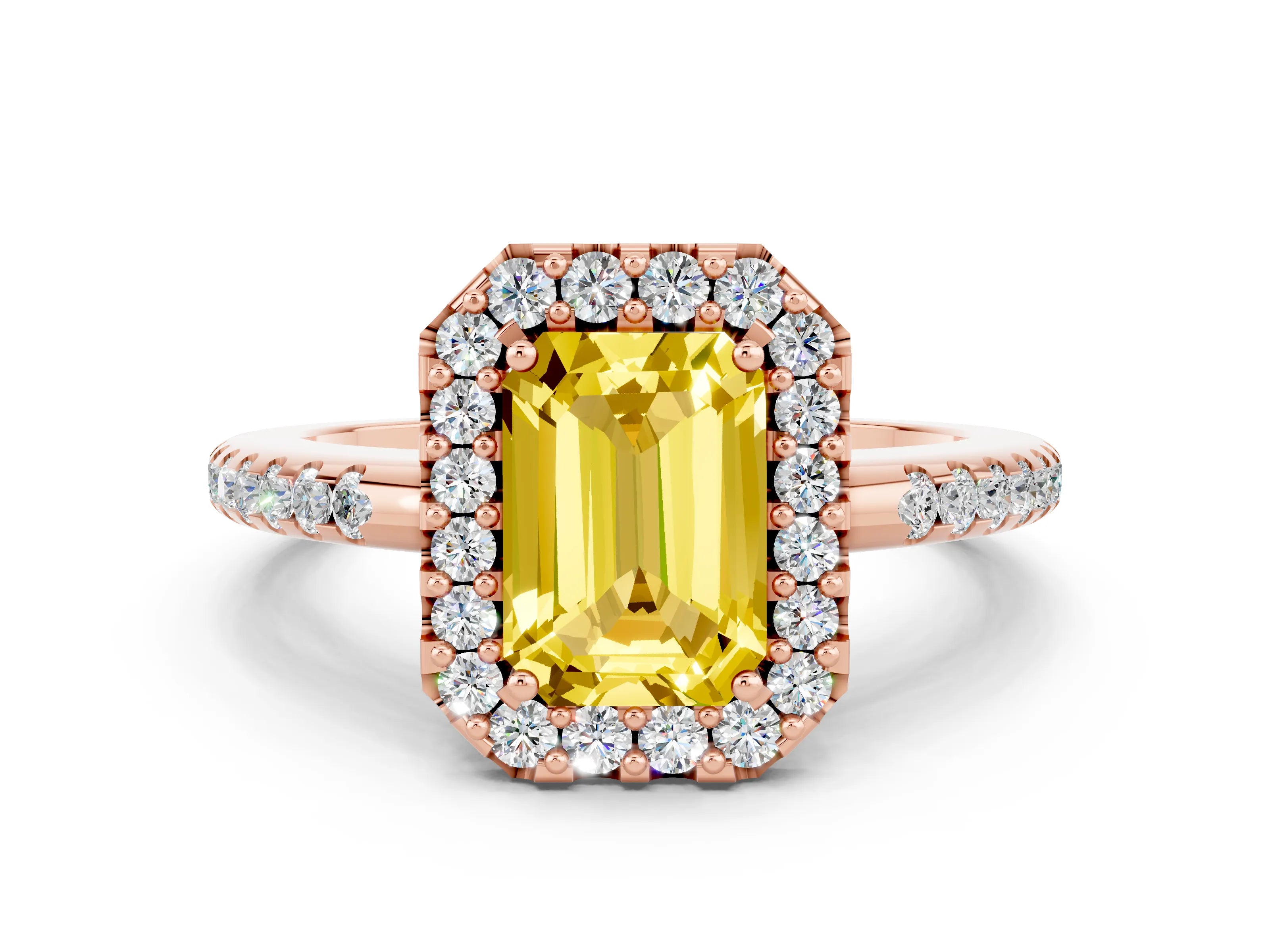Rose gold Emerald Cut Yellow Sapphire Pavé Halo Ring with Four-Prong Setting_12
