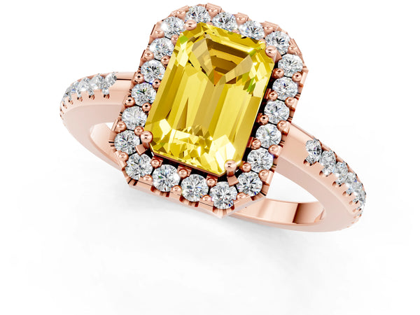 Rose gold Emerald Cut Yellow Sapphire Pavé Halo Ring with Four-Prong Setting