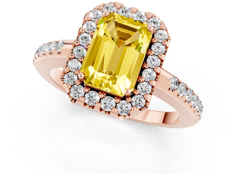 Rose gold Emerald Cut Yellow Sapphire Pavé Halo Ring with Four-Prong Setting_13