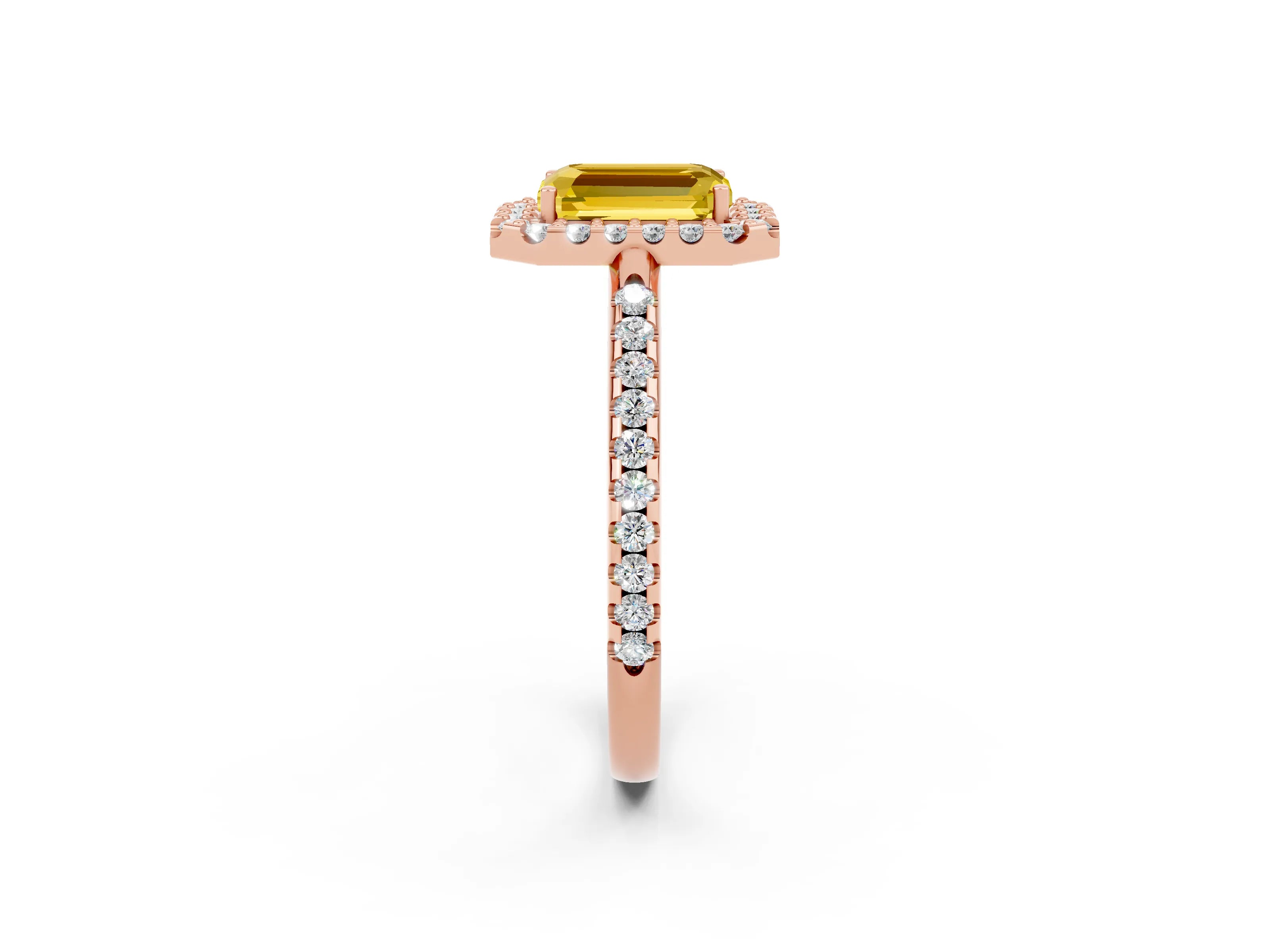 Rose gold Emerald Cut Yellow Sapphire Pavé Halo Ring with Four-Prong Setting_14