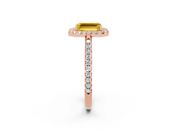 Rose gold Emerald Cut Yellow Sapphire Pavé Halo Ring with Four-Prong Setting