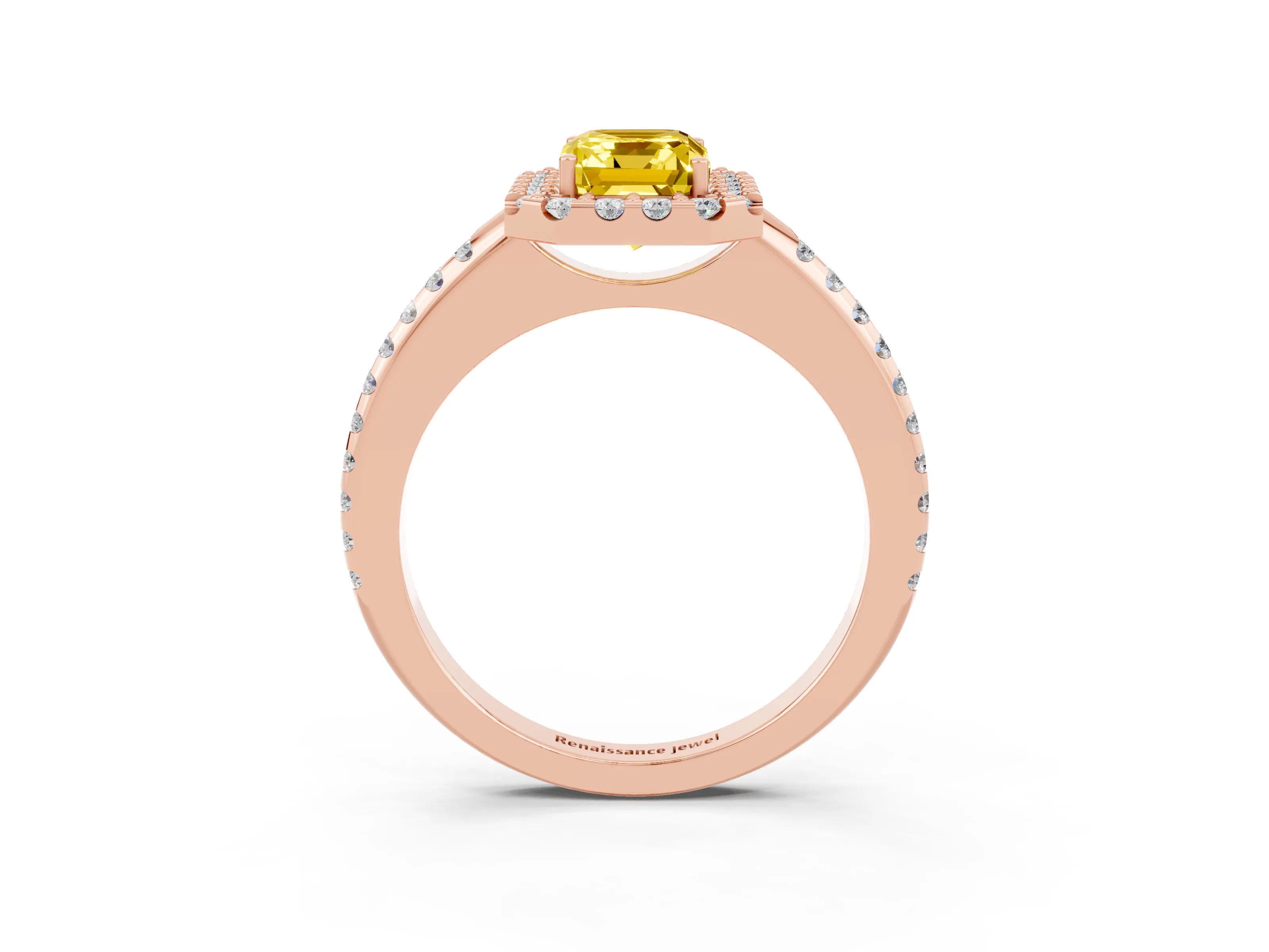 Rose gold Emerald Cut Yellow Sapphire Pavé Halo Ring with Four-Prong Setting_15
