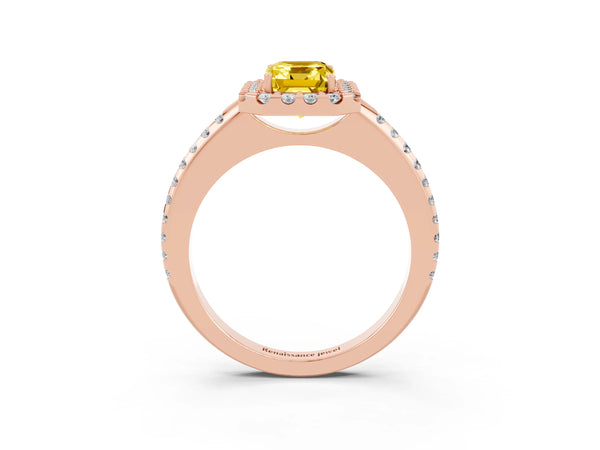 Rose gold Emerald Cut Yellow Sapphire Pavé Halo Ring with Four-Prong Setting