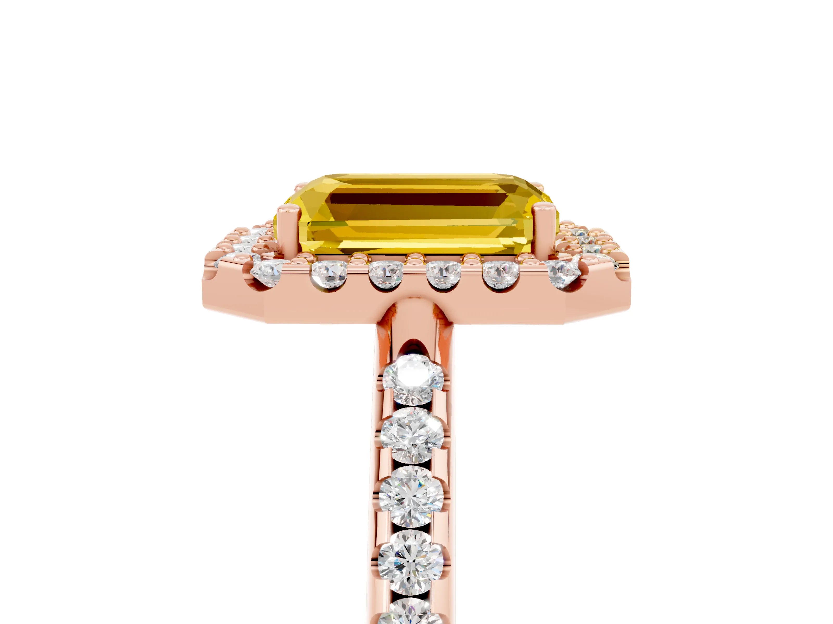 Rose gold Emerald Cut Yellow Sapphire Pavé Halo Ring with Four-Prong Setting_17