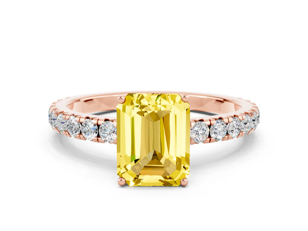 Rose gold Emerald Cut Yellow Sapphire Pavé Solitaire Engagement Ring with Four-Prong Setting