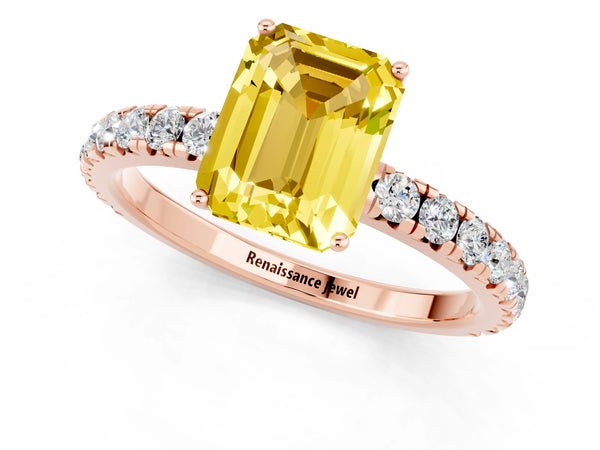 Rose gold Emerald Cut Yellow Sapphire Pavé Solitaire Engagement Ring with Four-Prong Setting